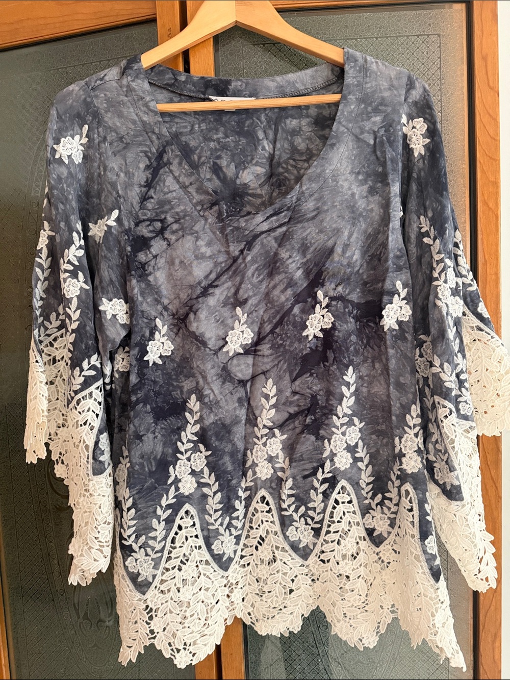 Adore Navy Tie-Dye V-Neck Tunic with White Lace